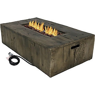 Create a warm and rustic centerpiece on your back porch or patio with this fire table built from hardy fiberglass and stone for a durable, long-lasting design. The stone has a wood-grain texture and a weathered brown color, while the fire bowl features a stainless steel burner with a one-touch spark ignition that instantly lights the flames. Lava rocks are included to conceal the burner and a weather-protective cover is included to keep the unit safe when not in use.Made of fiberglass stone | Brown wood grain textured finish | Stainless steel burner | Single AAA battery for ignition (included) | Storage cover | Lava rock | 9 foot gas hose with regulator | Uses 20-pound propane tank and LP fuel (not included) | Outdoor use only | Comes with a standard 1-year limited warranty | Imported | Assembly required