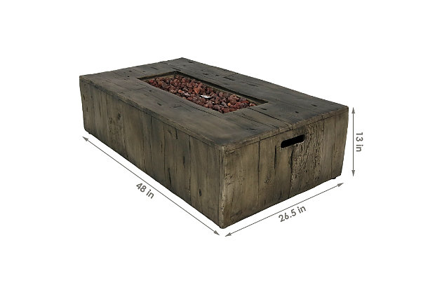 Create a warm and rustic centerpiece on your back porch or patio with this fire table built from hardy fiberglass and stone for a durable, long-lasting design. The stone has a wood-grain texture and a weathered brown color, while the fire bowl features a stainless steel burner with a one-touch spark ignition that instantly lights the flames. Lava rocks are included to conceal the burner and a weather-protective cover is included to keep the unit safe when not in use.Made of fiberglass stone | Brown wood grain textured finish | Stainless steel burner | Single AAA battery for ignition (included) | Storage cover | Lava rock | 9 foot gas hose with regulator | Uses 20-pound propane tank and LP fuel (not included) | Outdoor use only | Comes with a standard 1-year limited warranty | Imported | Assembly required
