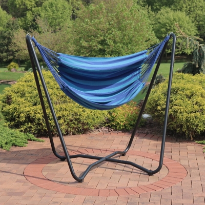 Sunnydaze Decor Hanging Hammock Chair Swing with Sturdy Space-Saving Stand - Beach Oasis, , rollover