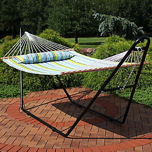 Sunnydaze Decor Quilted 2 Person Hammock with Universal Stand - Blue and Green, Light Blue, rollover