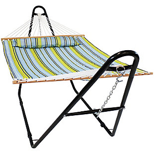 Sunnydaze Decor Quilted 2 Person Hammock with Universal Stand - Blue and Green, Light Blue, large