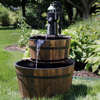 Sunnydaze Decor Rustic 2-Tier Wood Barrel Water Fountain with Hand Pump - 34-Inch, , rollover