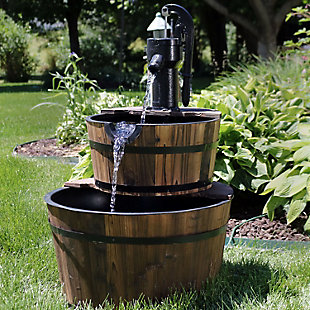 Sunnydaze Decor Rustic 2-Tier Wood Barrel Water Fountain with Hand Pump - 34-Inch, , rollover