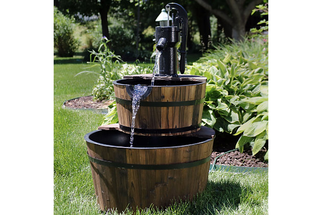 Patio Garden Wood Barrel Water Fountain Well W/Pump Black Knob Backyard Decor 