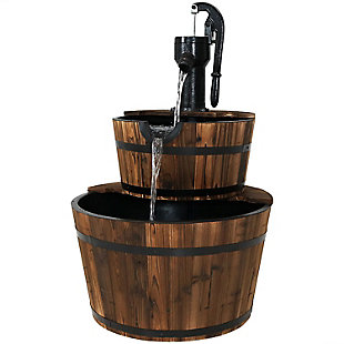 Sunnydaze Decor Rustic 2-Tier Wood Barrel Water Fountain with Hand Pump - 34-Inch, , large