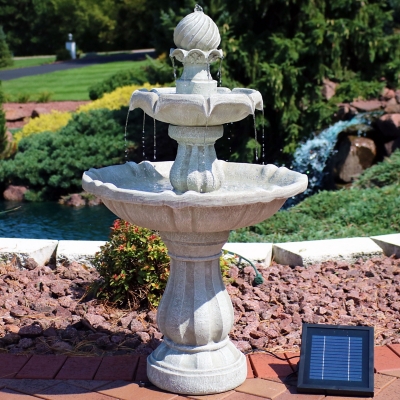 Sunnydaze Decor White 35 Inch Tall 2-Tier Solar Powered Water Fountain with Battery Backup, , rollover