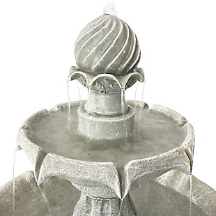 <ul><li>Classic 2-tier solar with battery backup outdoor waterfall water fountain</li><li>Constructed from durable Polyresin</li><li>Lightweight for easy transportation</li><li>Conveniant on/off button</li><li>Includes fountain, submersible pump, solar panel with battery pack, and a 16' cord</li><li>Overall dimensions: 23" Diameter x 34.5" H; 22 lbs</li><li>No plumbing needed - water recirculates</li><li>Up to 4 hour battery life</li><li>Relaxing garden accent</li></ul>This birdbath is perfect for your garden or landscaped area with no need for an outlet! It can run on solar and battery backup power. In prime sunlight conditions, the pump will be powered by solar energy while the solar panel will also recharge the batteries. To run on battery mode simply press the Battery On/Off button. The battery will now power the pump. On the battery mode it can run for up to 4 hrs on cloudy days or at night. When the battery power is depleted, the system will automatically change back to solar powered mode and start again when there is sufficient sunlight. A fully charged battery will operate up to 4 hours after the sun goes down. You can operate it daily using the battery technology for consistent performance even in cloudy conditions, or leave your fountain off, charging the batteries for use when you want it.PERFECT SIZE FOR ANY SPACE: This solar garden fountain is 23 inches in diameter, 34.5 inches tall, weighs 20 pounds, and has a 10-inch diameter base. The solar panel measures 8.6 inches high and is 7.4 inches long. The recommended water capacity of this fountain is 3 gallons. Additionally, the pedestal is 16 inches tall, the height to the bottom bowl is 21 inches, and the top bowl has a 13-inch diameter. | ENGINEERED WITH LASTING MATERIAL: This solar fountain with battery backup is constructed of durable resin and fiberglass to ensure that it is long lasting. The solar panel is small enough to easily mount to nearly any surface. | CONTENTS INCLUDED: This solar patio fountain includes a solar panel with rechargeable battery pack, compatible submersible water pump, and 16-foot power cord so it can be installed in a convenient location. | EASY TO USE: This 2-tier water feature only needs sunlight to run properly, no ugly extension cords needed. It also charges throughout the day, enabling your fountain to run during cloudy or nighttime conditions. | WORRY-FREE PURCHASING: Sunnydaze Decor backs this product with a 1-year manufacturer's warranty. | 4-hour timer | Holds up to 3 gallons of water | Outdoor use only | Comes with a standard 1-year limited warranty | Imported | Assembly required