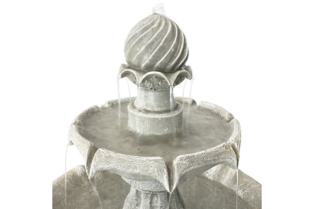 <ul><li>Classic 2-tier solar with battery backup outdoor waterfall water fountain</li><li>Constructed from durable Polyresin</li><li>Lightweight for easy transportation</li><li>Conveniant on/off button</li><li>Includes fountain, submersible pump, solar panel with battery pack, and a 16' cord</li><li>Overall dimensions: 23" Diameter x 34.5" H; 22 lbs</li><li>No plumbing needed - water recirculates</li><li>Up to 4 hour battery life</li><li>Relaxing garden accent</li></ul>This birdbath is perfect for your garden or landscaped area with no need for an outlet! It can run on solar and battery backup power. In prime sunlight conditions, the pump will be powered by solar energy while the solar panel will also recharge the batteries. To run on battery mode simply press the Battery On/Off button. The battery will now power the pump. On the battery mode it can run for up to 4 hrs on cloudy days or at night. When the battery power is depleted, the system will automatically change back to solar powered mode and start again when there is sufficient sunlight. A fully charged battery will operate up to 4 hours after the sun goes down. You can operate it daily using the battery technology for consistent performance even in cloudy conditions, or leave your fountain off, charging the batteries for use when you want it.PERFECT SIZE FOR ANY SPACE: This solar garden fountain is 23 inches in diameter, 34.5 inches tall, weighs 20 pounds, and has a 10-inch diameter base. The solar panel measures 8.6 inches high and is 7.4 inches long. The recommended water capacity of this fountain is 3 gallons. Additionally, the pedestal is 16 inches tall, the height to the bottom bowl is 21 inches, and the top bowl has a 13-inch diameter. | ENGINEERED WITH LASTING MATERIAL: This solar fountain with battery backup is constructed of durable resin and fiberglass to ensure that it is long lasting. The solar panel is small enough to easily mount to nearly any surface. | CONTENTS INCLUDED: This solar patio fountain includes a solar panel with rechargeable battery pack, compatible submersible water pump, and 16-foot power cord so it can be installed in a convenient location. | EASY TO USE: This 2-tier water feature only needs sunlight to run properly, no ugly extension cords needed. It also charges throughout the day, enabling your fountain to run during cloudy or nighttime conditions. | WORRY-FREE PURCHASING: Sunnydaze Decor backs this product with a 1-year manufacturer's warranty. | 4-hour timer | Holds up to 3 gallons of water | Outdoor use only | Comes with a standard 1-year limited warranty | Imported | Assembly required