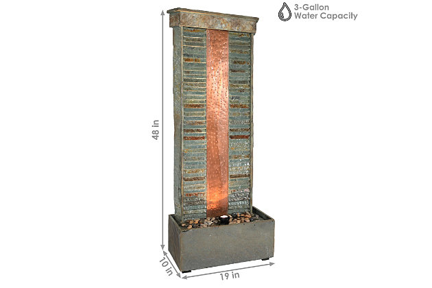 Add some rustic Zen style to your indoor or outdoor living space with this slate freestanding water fountain. The flat back surface makes this fountain ideal for placement along the wall of your foyer, hallway, dining room, patio or garden wall. The fountain features rippling slate construction with copper accents in the middle for extra interest and design detail. The sounds of the water flowing from the top to the basin bottom will instantly calm anyone within hearing distance. Plus, the spotlight on the bottom shines upwards to accent it like a piece of art.Made of polyester, steel, rope and pine wood | Brown, tan, green and black | Frame with black powder coated finish | Hammock frame with medium brown stain | Soft polyfill | Seats 2 | Hanging chains | Detachable pillow | Stand | 450-pound weight capacity | Comes with a standard 1-year limited warranty | Imported | Assembly required