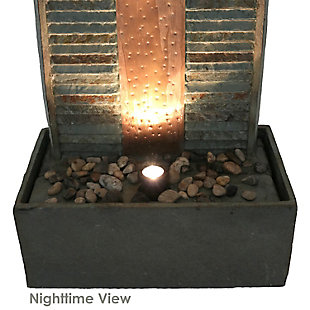 Add some rustic Zen style to your indoor or outdoor living space with this slate freestanding water fountain. The flat back surface makes this fountain ideal for placement along the wall of your foyer, hallway, dining room, patio or garden wall. The fountain features rippling slate construction with copper accents in the middle for extra interest and design detail. The sounds of the water flowing from the top to the basin bottom will instantly calm anyone within hearing distance. Plus, the spotlight on the bottom shines upwards to accent it like a piece of art.Made of polyester, steel, rope and pine wood | Brown, tan, green and black | Frame with black powder coated finish | Hammock frame with medium brown stain | Soft polyfill | Seats 2 | Hanging chains | Detachable pillow | Stand | 450-pound weight capacity | Comes with a standard 1-year limited warranty | Imported | Assembly required