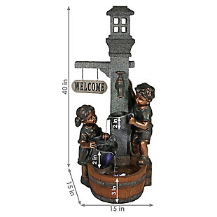 Turn your garden into a charming and welcoming space with this whimsical fountain. This outdoor fountain with children is constructed of durable polyresin to ensure many years of enjoyment. Relax to the calming sounds as water flows from the spout and softly trickles from bucket to bucket all the way down to the bottom basin. Simply fill it up with water and plug it into a standard electrical outlet to start appreciating the peaceful water sounds.Made of slate and copper | Copper-tone patina finish | Decorative rocks | Submersible electric pump | 10-watt LED spotlight | Holds 3 gallons of water | Indoor/outdoor | Comes with a standard 1-year limited warranty | Imported | Assembly required