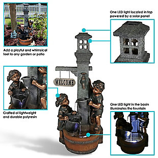 Turn your garden into a charming and welcoming space with this whimsical fountain. This outdoor fountain with children is constructed of durable polyresin to ensure many years of enjoyment. Relax to the calming sounds as water flows from the spout and softly trickles from bucket to bucket all the way down to the bottom basin. Simply fill it up with water and plug it into a standard electrical outlet to start appreciating the peaceful water sounds.Made of slate and copper | Copper-tone patina finish | Decorative rocks | Submersible electric pump | 10-watt LED spotlight | Holds 3 gallons of water | Indoor/outdoor | Comes with a standard 1-year limited warranty | Imported | Assembly required