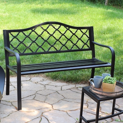 Sunnydaze Decor Black Cast Iron Lattice Patio Garden Bench - 50-Inch, , large
