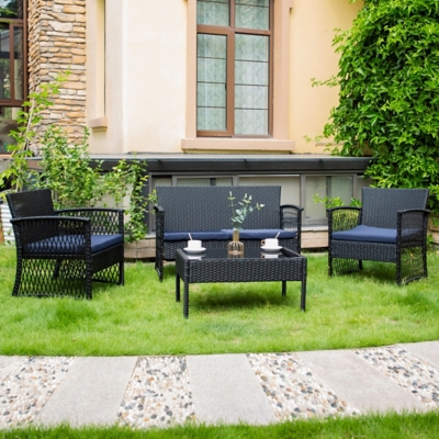 Westin Outdoor Delray Outdoor 4-Piece Patio Furniture Chat Set with Cushions, Black/Blue, large