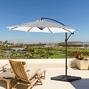 Make your time outside and so much cooler and more comfortable with this 10' cantilever hanging outdoor patio umbrella. The crank mechanism makes it easy to open and close this patio umbrella at your convenience. This quality-crafted cantilever umbrella includes durable steel framing to ensure long-lasting performance, while its weather-resistant design stands up to the elements so you can enjoy seasons of fun safely out of the sun.Made of waterproof polyester fabric | Uv and fade resistant (not weatherproof) | 1.8 inch diameter powdercoated steel pole (rust resistant) with 8 steel ribs | Easy-to-use crank mechanism for smooth opening and closing | Base not included | Assembly required