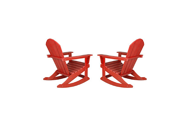 The perfect addition for any lifestyle space will add a pop of color and rustic style to your home! These outdoor Adirondack Rocking chairs are the perfect combination of style and functionality.  Its high-quality poly plastic construction and unique minimalistic craftmanship makes it a wonderful complement to any sofa, chair, or conversation set you have.Includes: 2 Adirondack Rocking Chairs | Solid, heavy duty construction for long lasting usage | Made of durable and sturdy HDPE high-density polyethylene will not Splinter, Crack, Chip, Peel, or Rot | UV and Fade resistant for all weather conditions | Easy to clean and requires minimal maintenance.