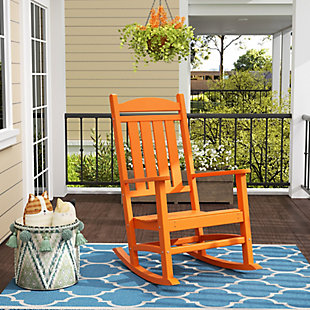 Enhance the look of your front porch with this traditional rocking chair. This classic all-weather resistant rocker pairs well with any of our side tables so you can coordinate the best look for your outdoor space!  This traditional rocking chair comes partially assembled with stainless steel hardware, however minimal assembly is required.Solid, heavy-duty construction withstands nature's elements | Specially formulated durable material that resists splits, cracks, rot, and peeling for | Cleans effortlessly requiring minimal maintenance