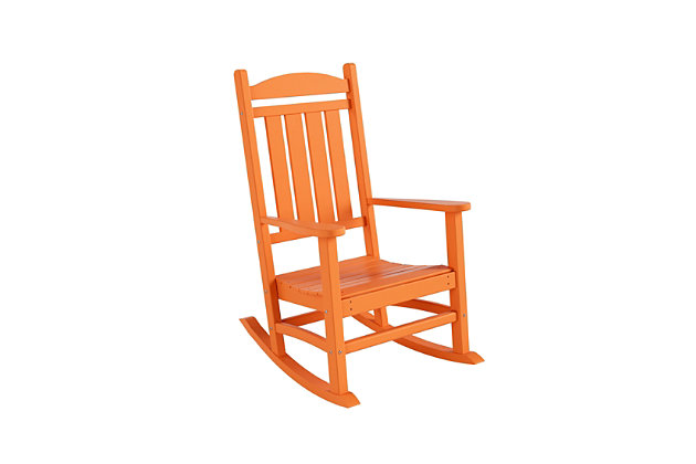 Enhance the look of your front porch with this traditional rocking chair. This classic all-weather resistant rocker pairs well with any of our side tables so you can coordinate the best look for your outdoor space!  This traditional rocking chair comes partially assembled with stainless steel hardware, however minimal assembly is required.Solid, heavy-duty construction withstands nature's elements | Specially formulated durable material that resists splits, cracks, rot, and peeling for | Cleans effortlessly requiring minimal maintenance