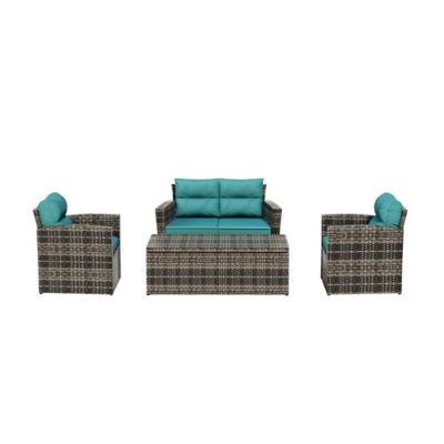 Maden 4-Piece Outdoor Patio Set with Storage and Cushions, Turquoise, large