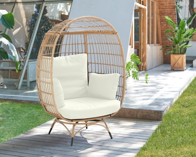 Spezia Outdoor Freestanding Egg Chair with Cushion, Tan/Cream