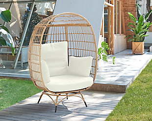 Spezia Outdoor Freestanding Egg Chair with Cushion, Tan/Cream, rollover
