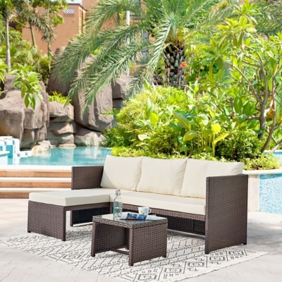 Manhattan Comfort Menton Outdoor Chair Lounge with 2 Seater and Coffee Table (Set of 2), Brown/Cream, rollover