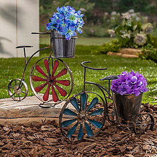 GIL Set of 2 Assorted 14.6 Inch Long Metal Antique Tricycle Planters with Wind Spinner Spokes, , rollover