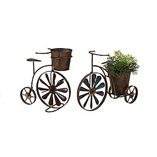 GIL Set of 2 Assorted 14.6 Inch Long Metal Antique Tricycle Planters with Wind Spinner Spokes, , large
