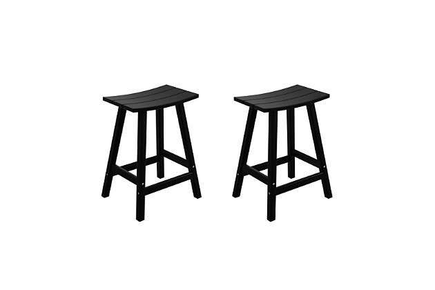 These all-weather resistant bar stools have a saddle curved seat for added comfort. Our specially formulated traditional bar stool is constructed and made to be fade-resistant, which won't splinter, crack, chip, peel, or rot. It's space-saving design fits neatly beneath counters and tabletops with traditional refinement sure to be enjoyed for years to come.Includes: (2) Traditional Bar Stools | Made of durable and sturdy HDPE | Comfortable contoured seat | All weather materials built to withstand a range of climates | Easy to clean and requires minimal maintenance! | Assembly required