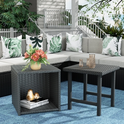 Holden Holden Outdoor Wicker Rattan End Table (Set of 2), Black, large