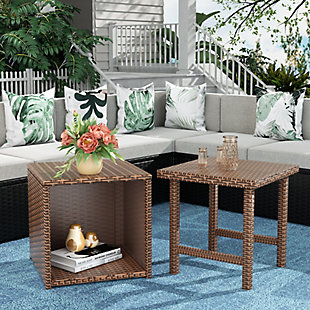 Holden Holden Outdoor Wicker Rattan End Table (Set of 2), Brown, rollover