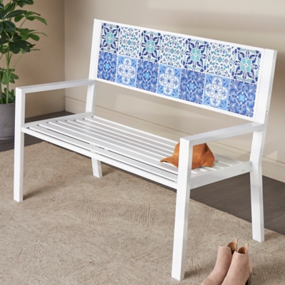 Bayberry Lane Mosaic Outdoor Bench, White, rollover