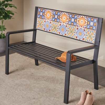 P600010440 Bayberry Lane Mosaic Outdoor Bench, Black sku P600010440