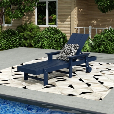 Shoreside Reclining Chaise Lounge with Arms and Wheels, Navy Blue