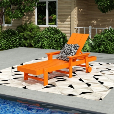 Shoreside Reclining Chaise Lounge with Arms and Wheels, Orange, rollover