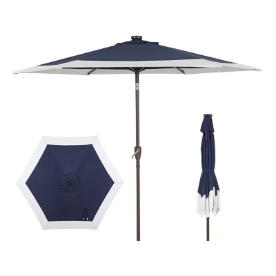 JONATHAN Y Spencer 9'  Outdoor Umbrella with LED Lights, Navy/White, large