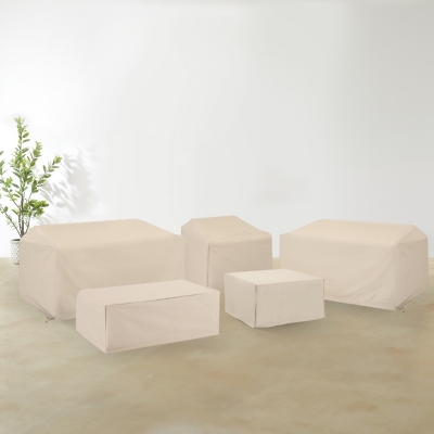 Crosley Furniture 2 Outdoor Loveseats and Lounge Chair with 2 Coffee Tables Furniture Cover, Tan, rollover