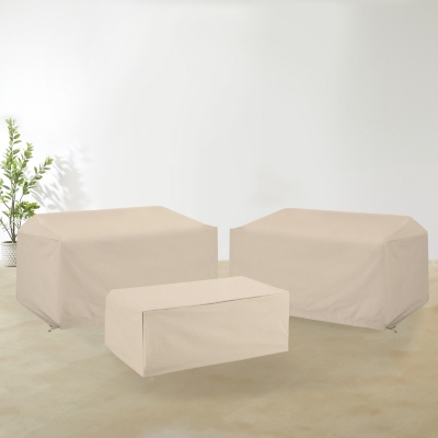 Crosley Furniture 2 Outdoor Loveseats with Coffee Table Furniture Cover, Tan, rollover