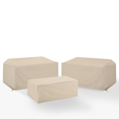 Crosley Furniture 2 Outdoor Loveseats with Coffee Table Furniture Cover, Tan, large
