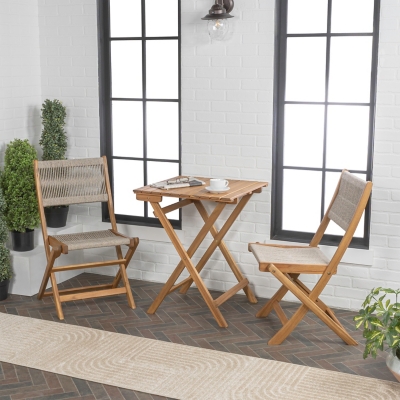 JONATHAN Y Javea Outdoor Folding Bistro Table and 2 Chairs, Teak Brown, rollover