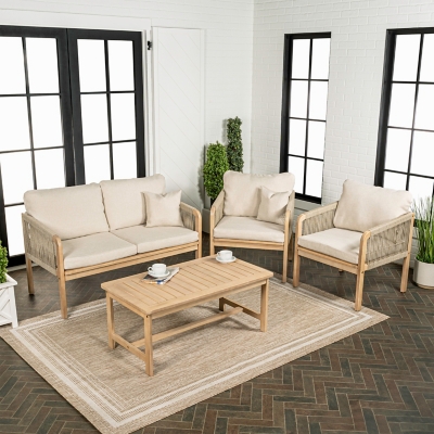 JONATHAN Y Tavira Outdoor Loveseat and 2 Lounge Chairs with Coffee Table, Light Teak/Cream, rollover