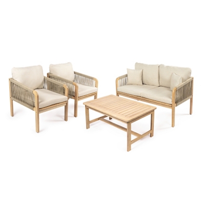 JONATHAN Y Tavira Outdoor Loveseat and 2 Lounge Chairs with Coffee Table, Light Teak/Cream, large