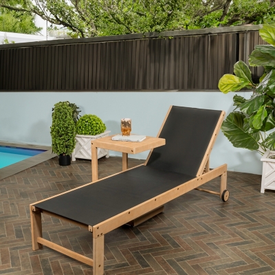 JONATHAN Y Trabuco Outdoor Chaise Lounge with Side Table, Light Teak/Black, rollover