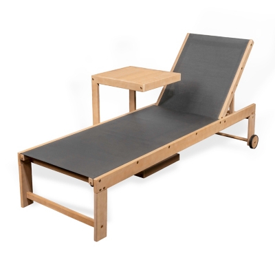 JONATHAN Y Trabuco Outdoor Chaise Lounge with Side Table, Light Teak/Black, large