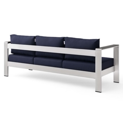Three-cushion sofa with navy cushions and metal frame