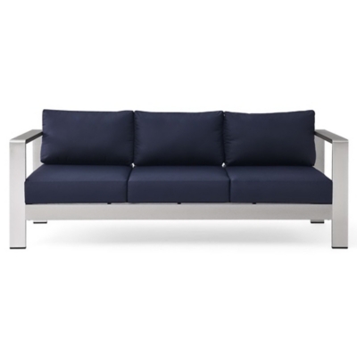 Three-seat sofa without background, navy cushions