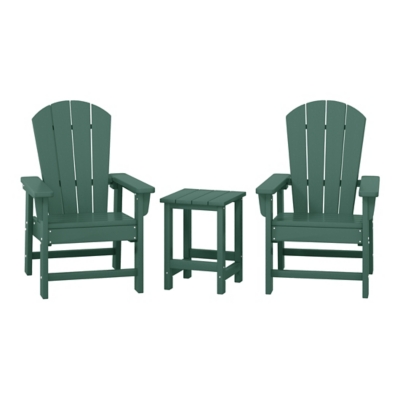 Three green Adirondack pieces (two chairs and table) arranged in a row