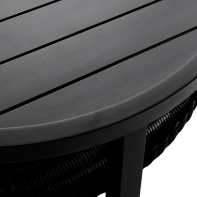 Close-up of table edge and black slats on tabletop