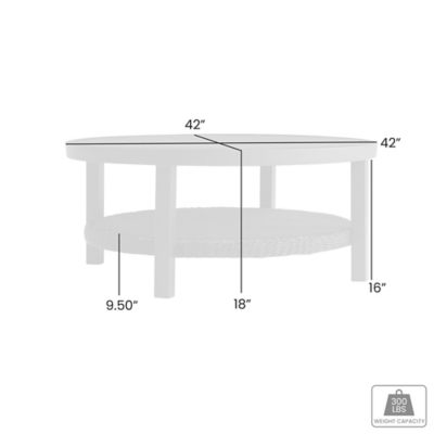 Diagram of table dimensions: 42 inches diameter, leg heights and weight capacity 300 lbs