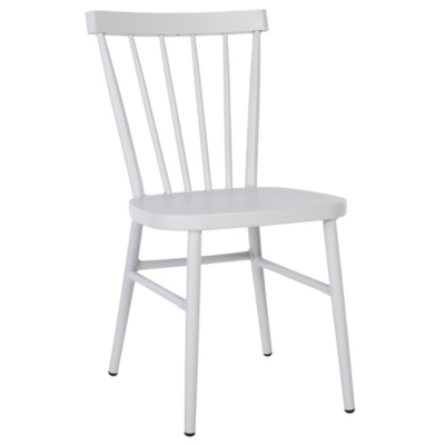 Angled view of white outdoor dining chair.